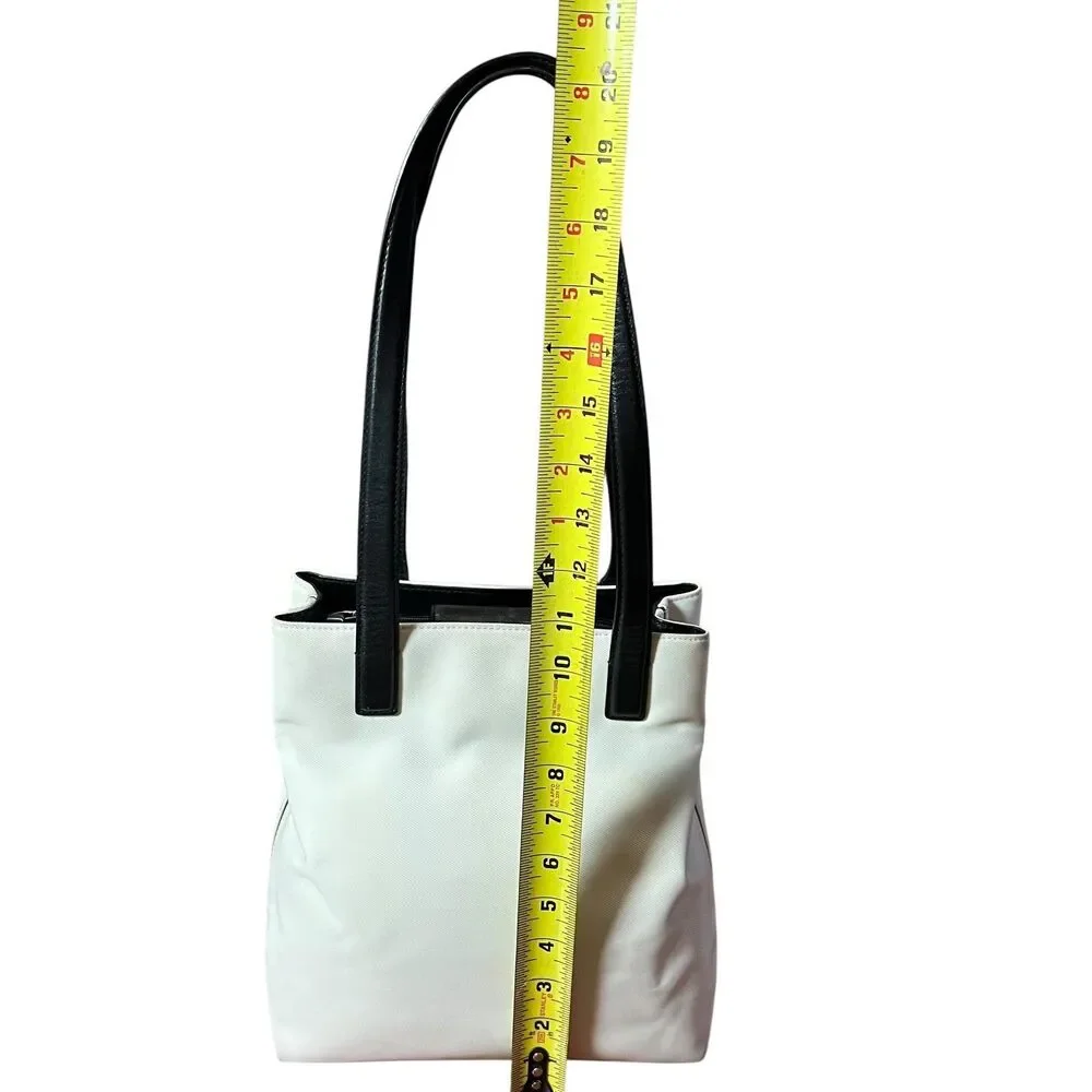 Coach Tote Bag Womens Medium White Canvas Black Leather Shoulder Purse L3J-7441
